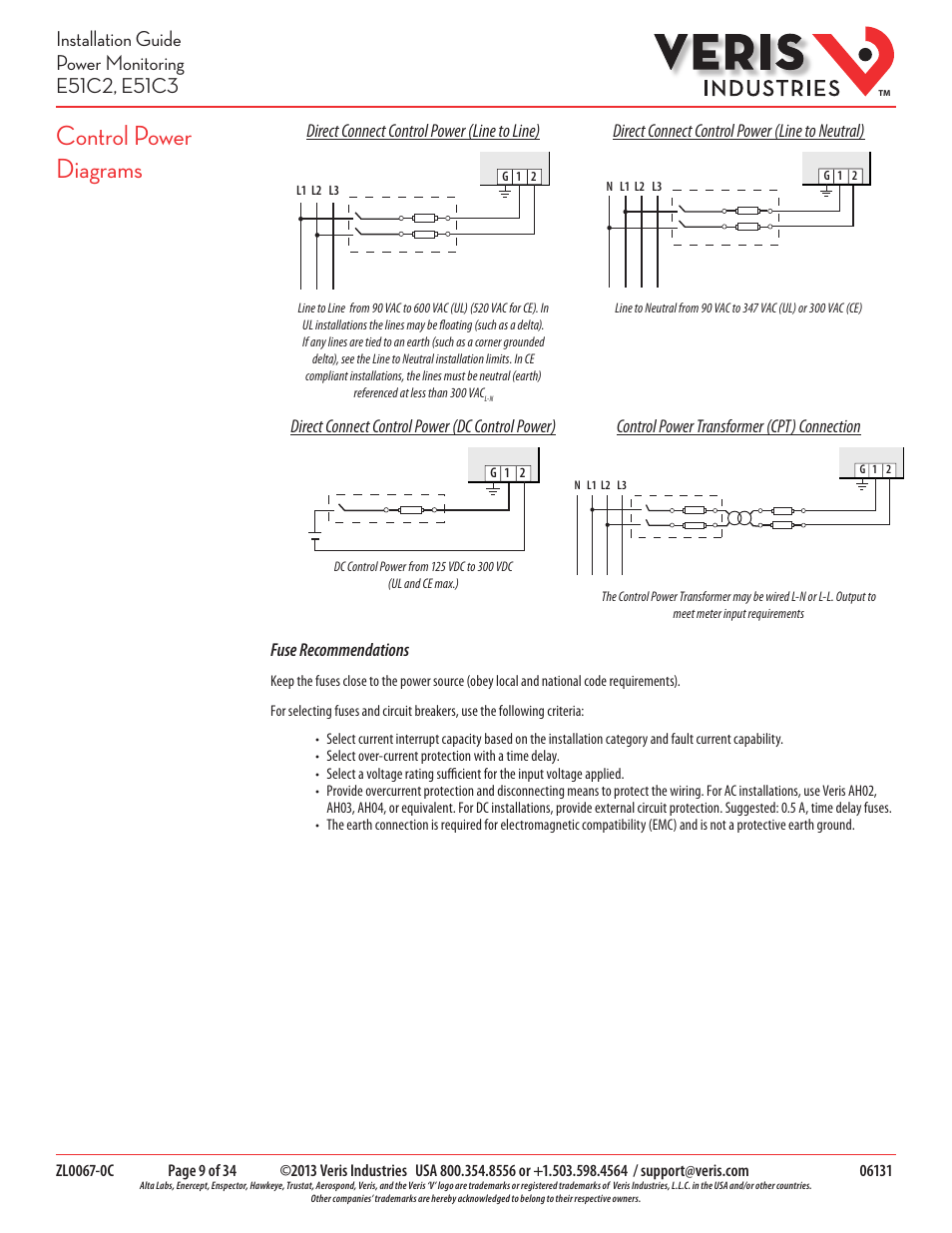 Control power diagrams | Veris Industries E51C3 Install User Manual | Page 9 / 34