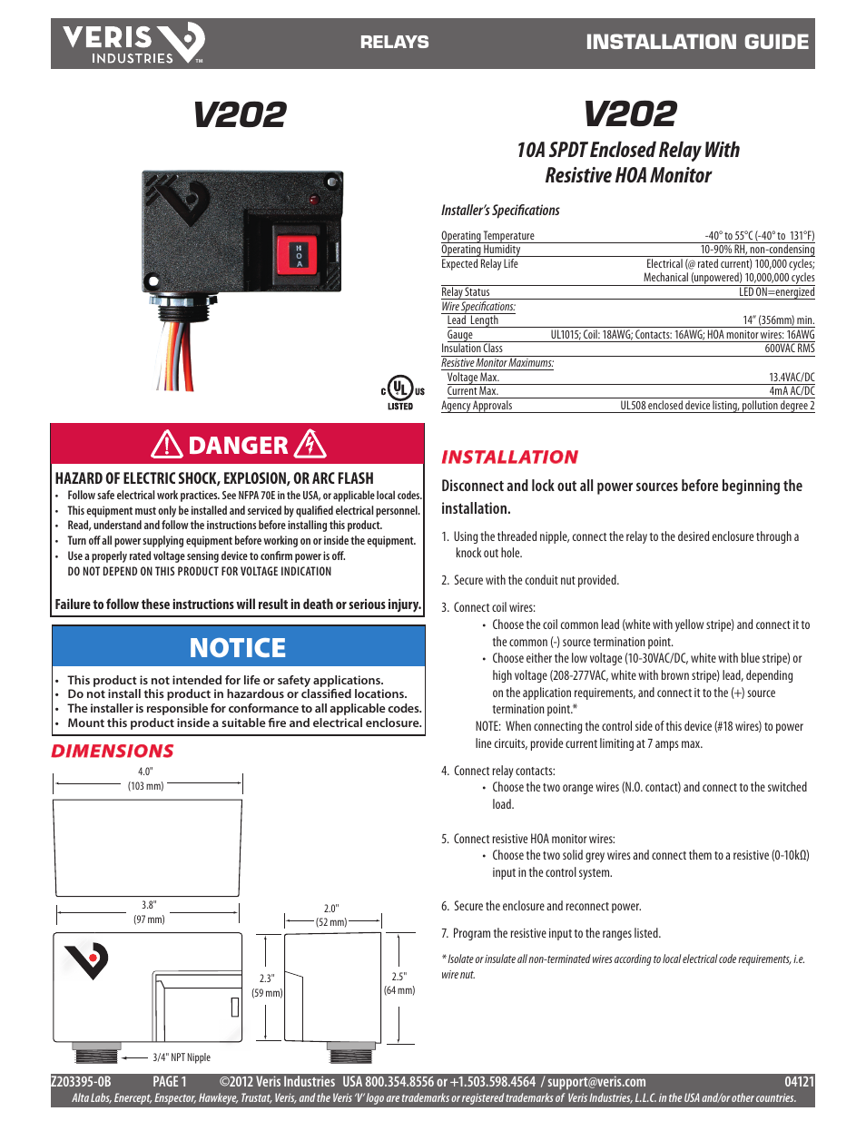 Veris Industries V202 Install User Manual | 2 pages