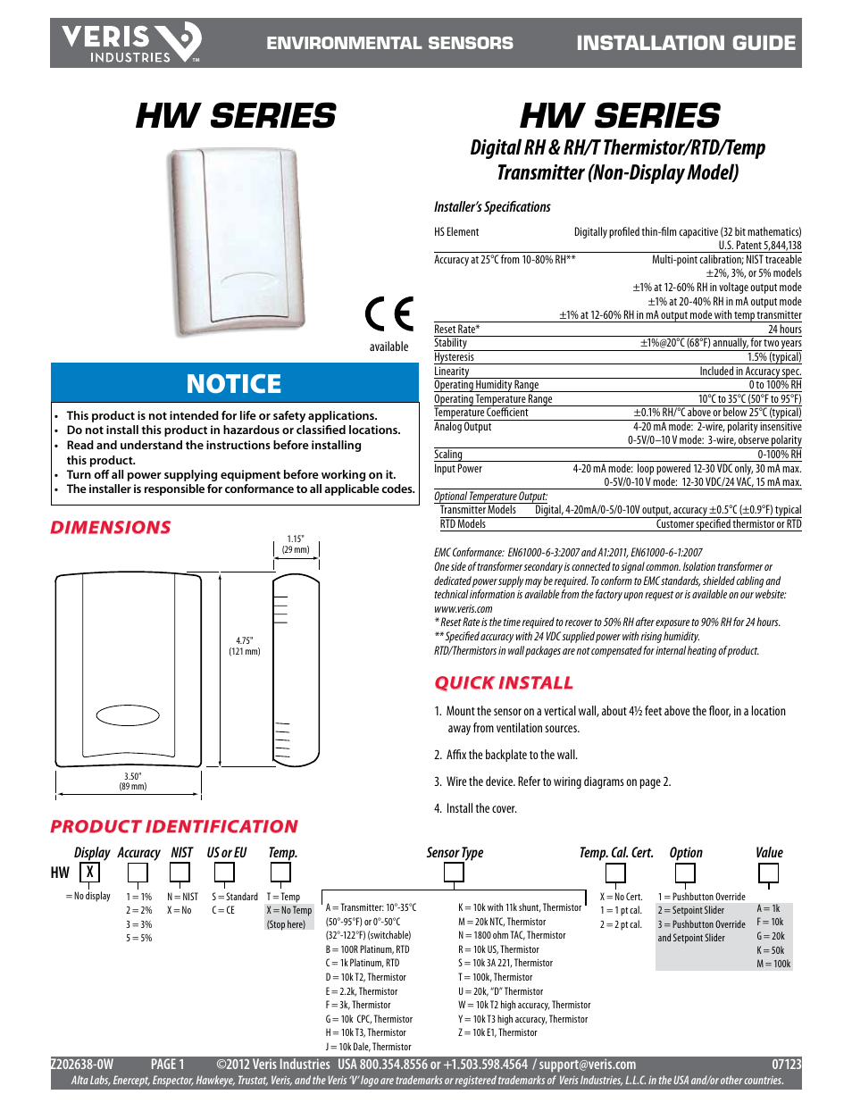 Veris Industries HW SerieS Install User Manual | 2 pages