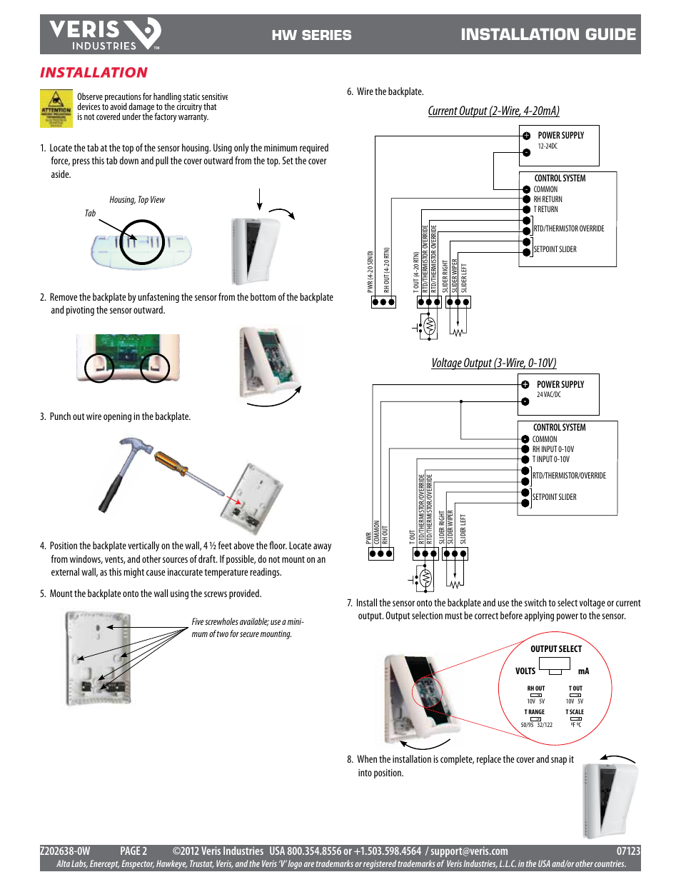 Installation guide, Installation, Hw series | Current output (2-wire, 4-20ma), Voltage output (3-wire, 0-10v) | Veris Industries HW SerieS Install User Manual | Page 2 / 2