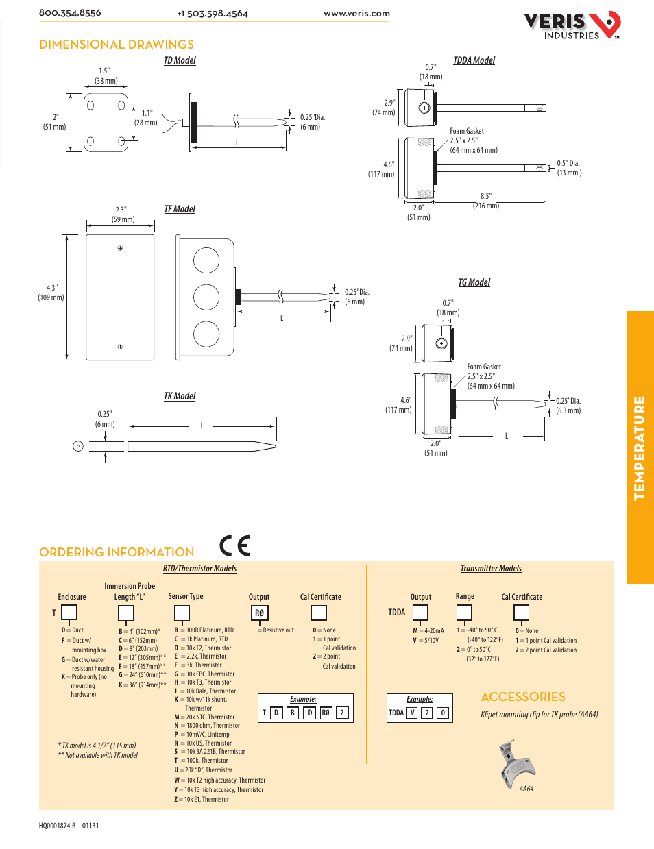 Te mpera ture, Dimensional drawings, Ordering information | Accessories | Veris Industries T SERIES Datasheet User Manual | Page 2 / 2
