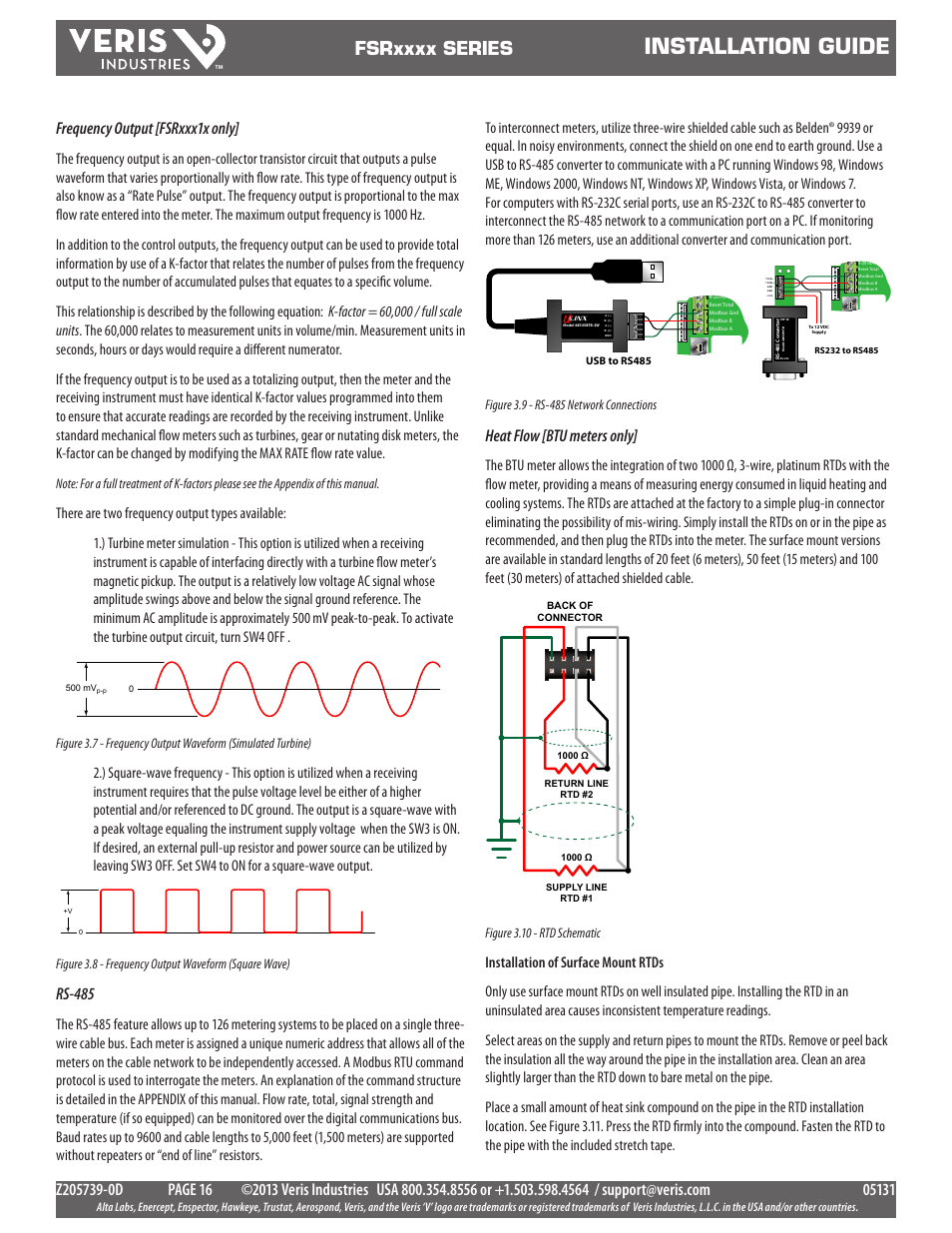 Installation guide, Heat flow [btu meters only, Frequency output [fsrxxx1x only | Rs-485, Figure 3.10 - rtd schematic | Veris Industries FSRxxxx SERIES Install User Manual | Page 16 / 59