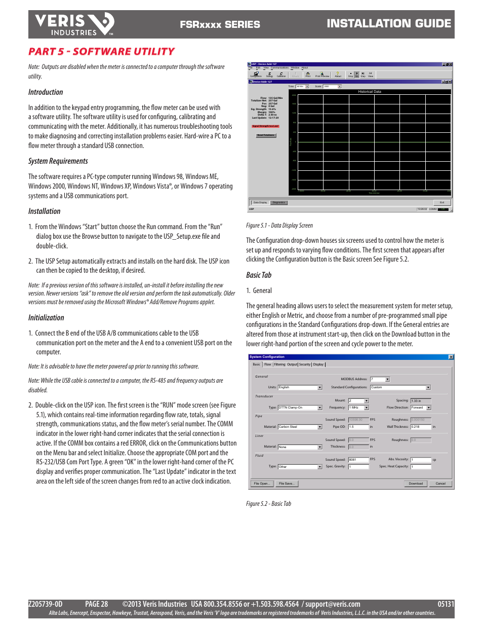 Installation guide, Part 5 - software utility, Introduction | System requirements, Installation, Initialization, Basic tab, Figure 5.1 - data display screen, Figure 5.2 - basic tab | Veris Industries FSRxxxx SERIES Install User Manual | Page 28 / 59