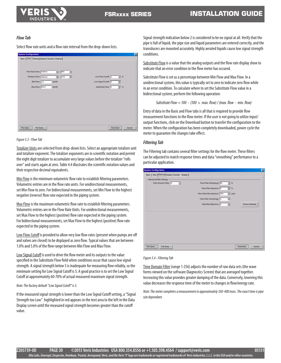 Installation guide, Flow tab, Filtering tab | Figure 5.3 - flow tab, Figure 5.4 - filtering tab | Veris Industries FSRxxxx SERIES Install User Manual | Page 30 / 59