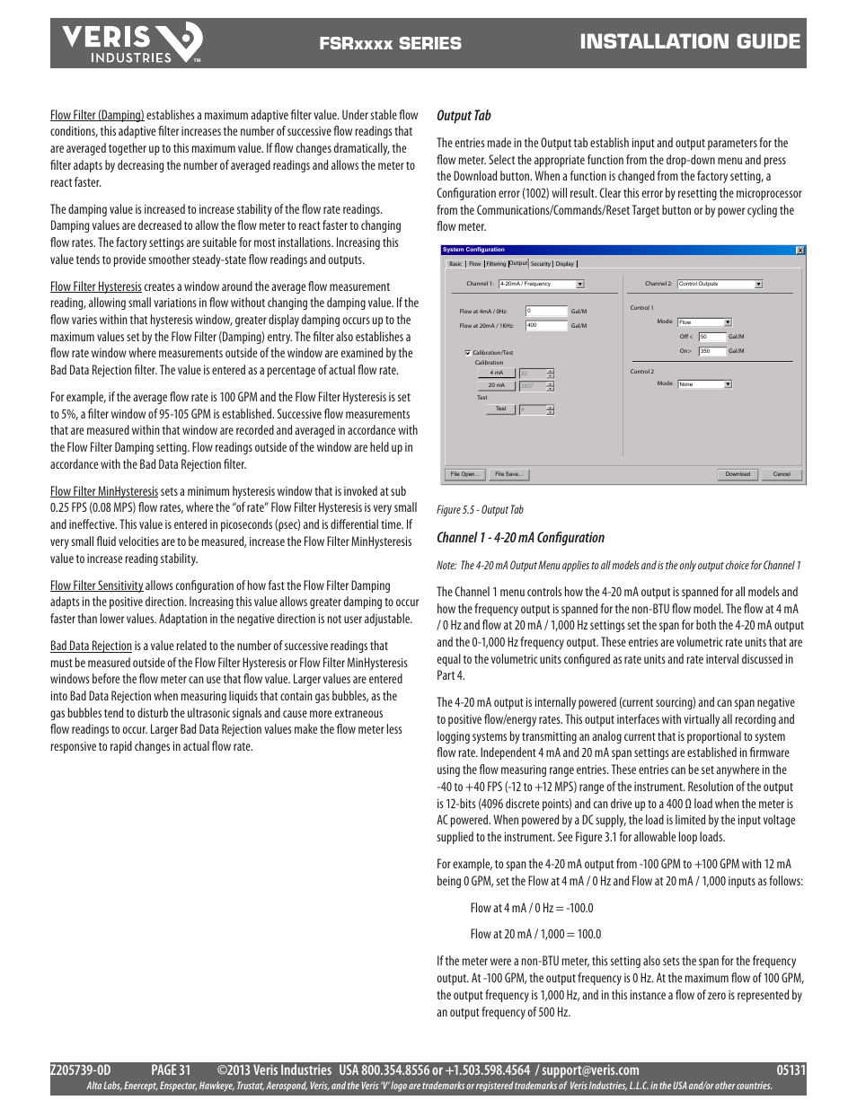Installation guide, Output tab, Channel 1 - 4-20 ma configuration | Figure 5.5 - output tab | Veris Industries FSRxxxx SERIES Install User Manual | Page 31 / 59