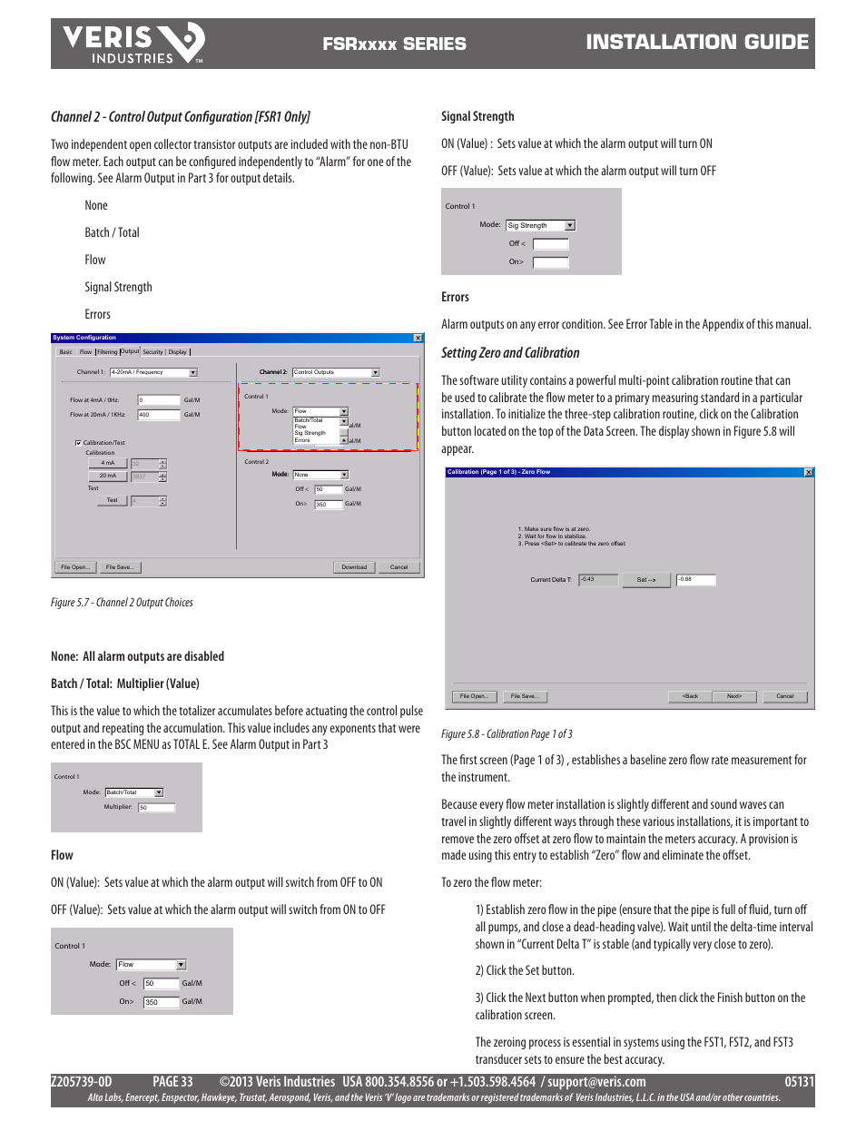 Installation guide, Setting zero and calibration, Figure 5.7 - channel 2 output choices | Figure 5.8 - calibration page 1 of 3 | Veris Industries FSRxxxx SERIES Install User Manual | Page 33 / 59