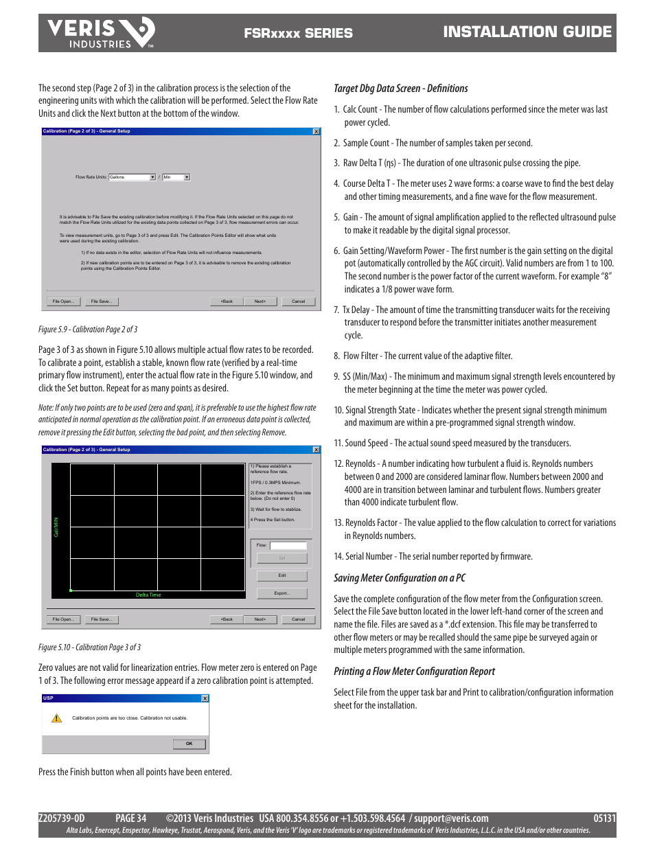 Installation guide, Target dbg data screen - definitions, Saving meter configuration on a pc | Printing a flow meter configuration report | Veris Industries FSRxxxx SERIES Install User Manual | Page 34 / 59