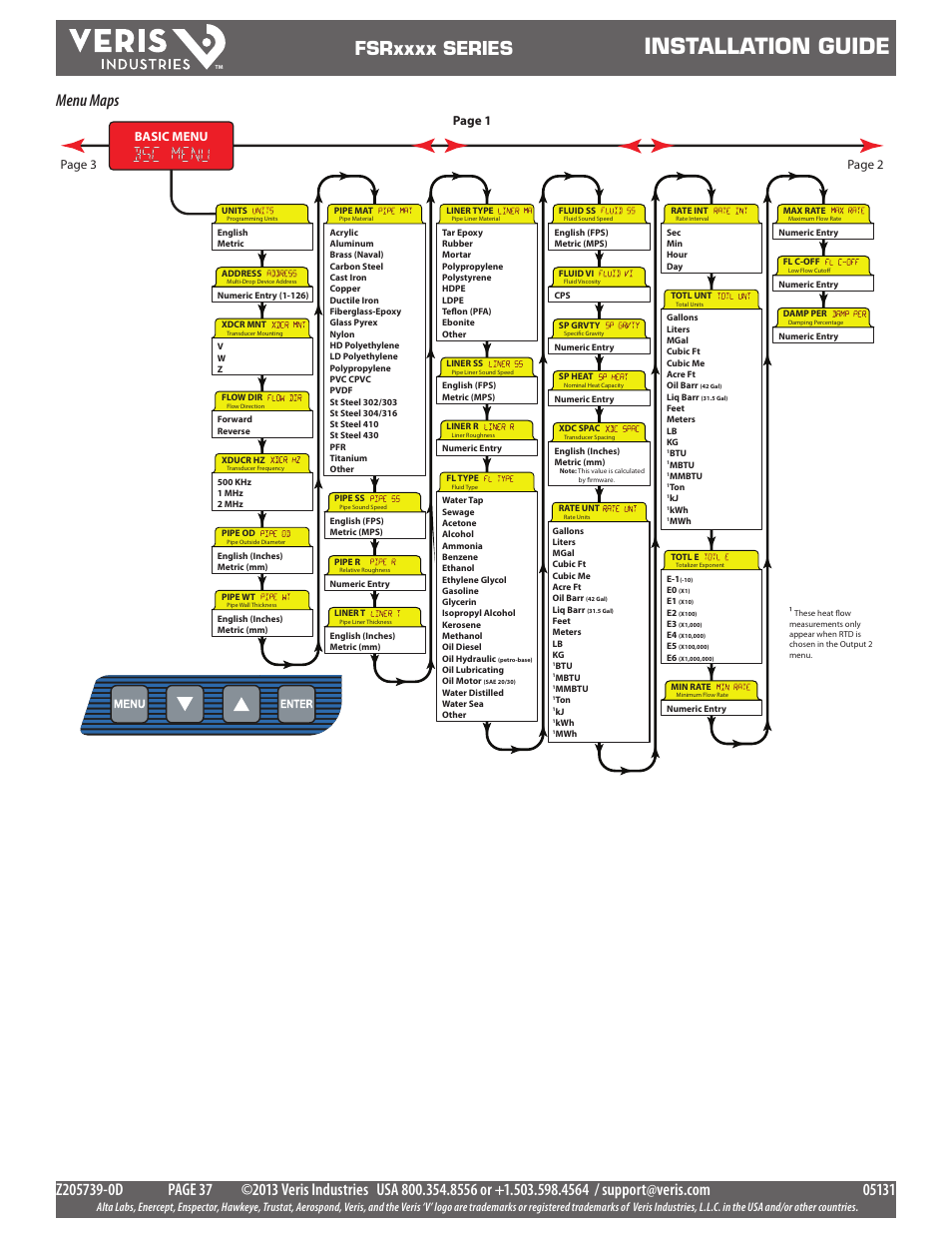 Installation guide, Menu maps, Basic menu page 2 page 3 | Page 1 | Veris Industries FSRxxxx SERIES Install User Manual | Page 37 / 59