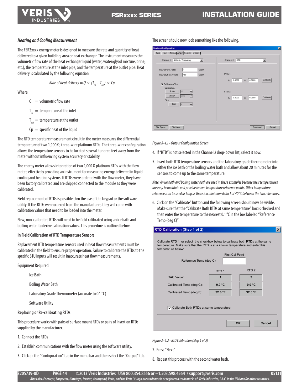 Installation guide, Heating and cooling measurement, Cp where: q = volumetric flow rate t | Temperature at the inlet t | Veris Industries FSRxxxx SERIES Install User Manual | Page 44 / 59