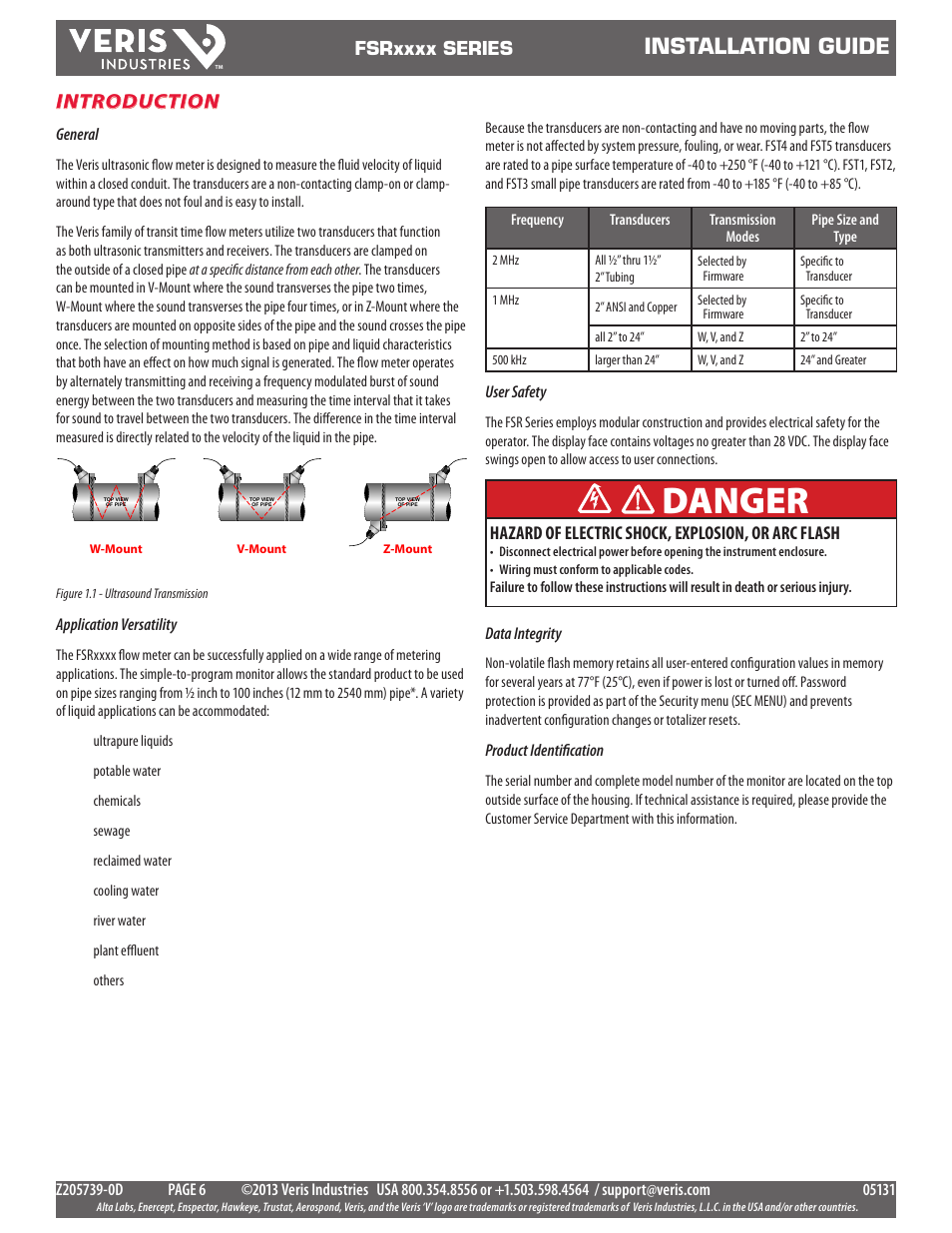 Danger, Installation guide, Introduction | Hazard of electric shock, explosion, or arc flash | Veris Industries FSRxxxx SERIES Install User Manual | Page 6 / 59