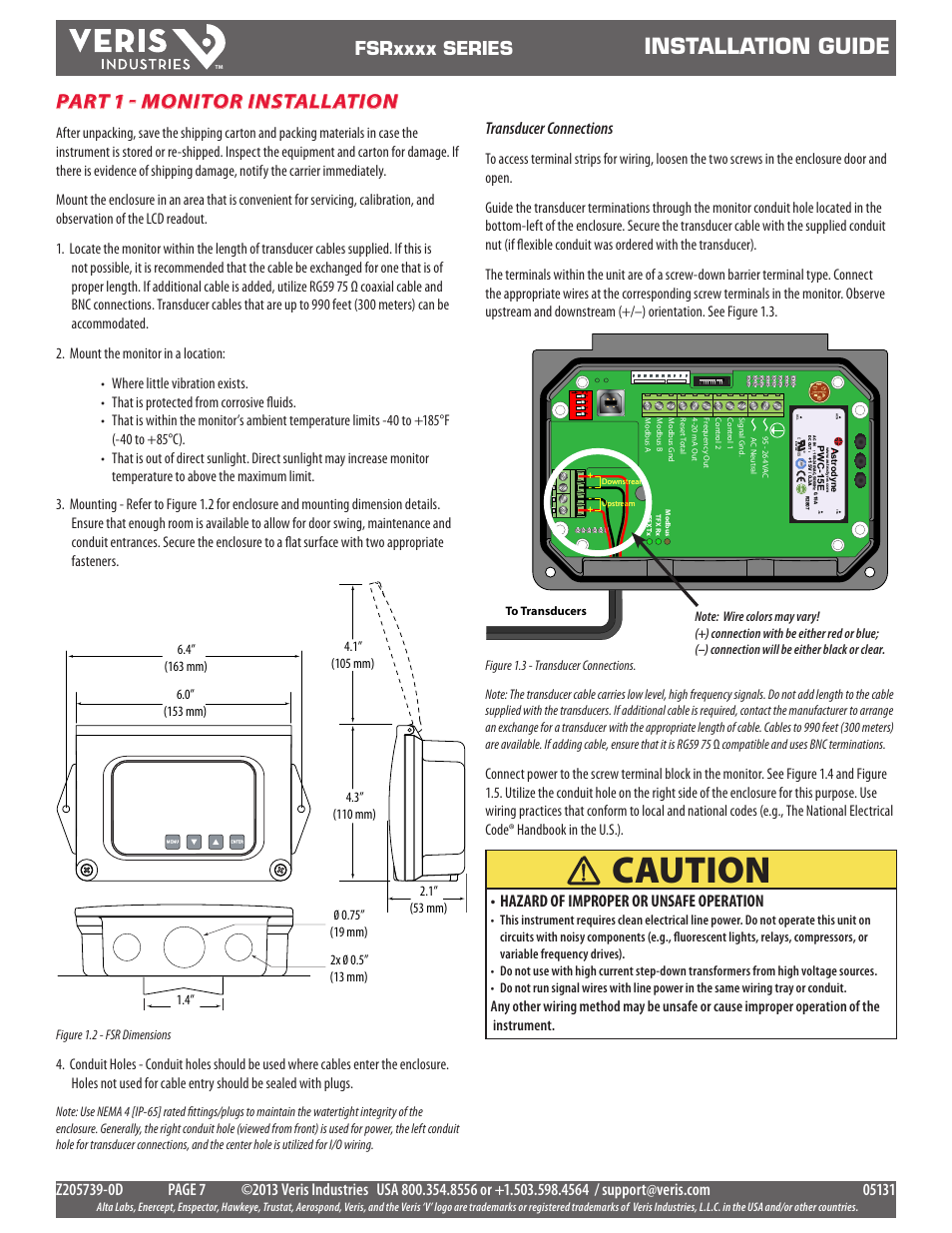 Caution, Installation guide, Part 1 - monitor installation | Transducer connections, Hazard of improper or unsafe operation, Rc us, Pr oduct se rv ice | Veris Industries FSRxxxx SERIES Install User Manual | Page 7 / 59