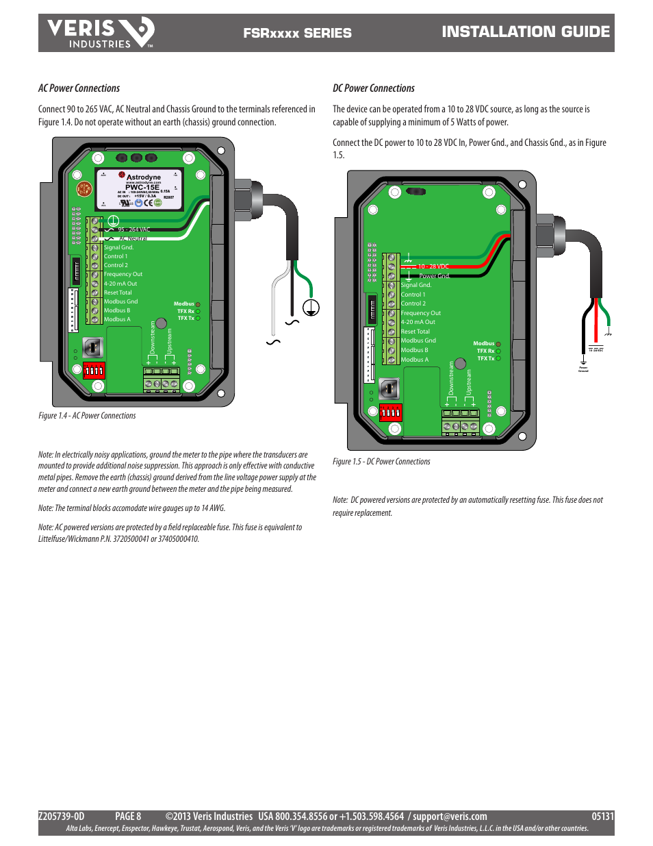 Installation guide, Ac power connections, Dc power connections | Rc us, Product service | Veris Industries FSRxxxx SERIES Install User Manual | Page 8 / 59