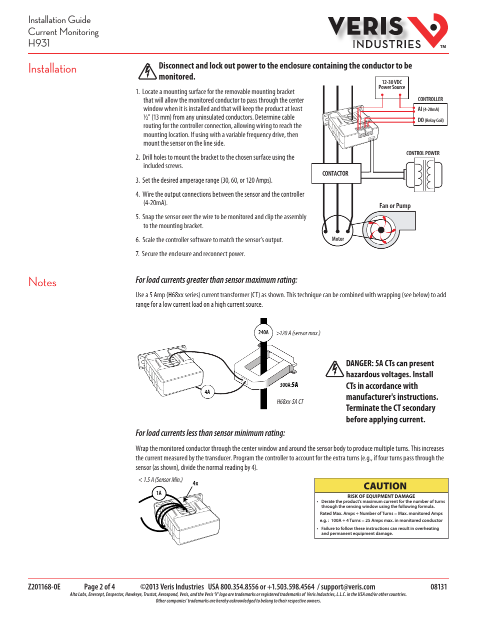 Installation, Installation guide current monitoring h931, Caution | Veris Industries H931 Install User Manual | Page 2 / 4
