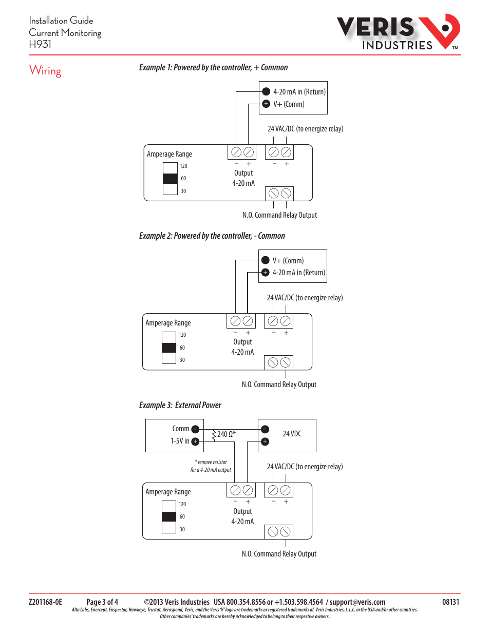 Wiring, Installation guide current monitoring h931 | Veris Industries H931 Install User Manual | Page 3 / 4
