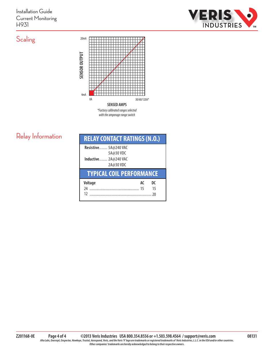 Scaling relay information, Typical coil performance, Relay contact ratings (n.o.) | Installation guide current monitoring h931 | Veris Industries H931 Install User Manual | Page 4 / 4