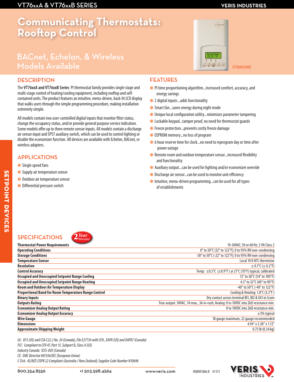 Veris Industries VT76xxB SERIES Datasheet User Manual | 2 pages