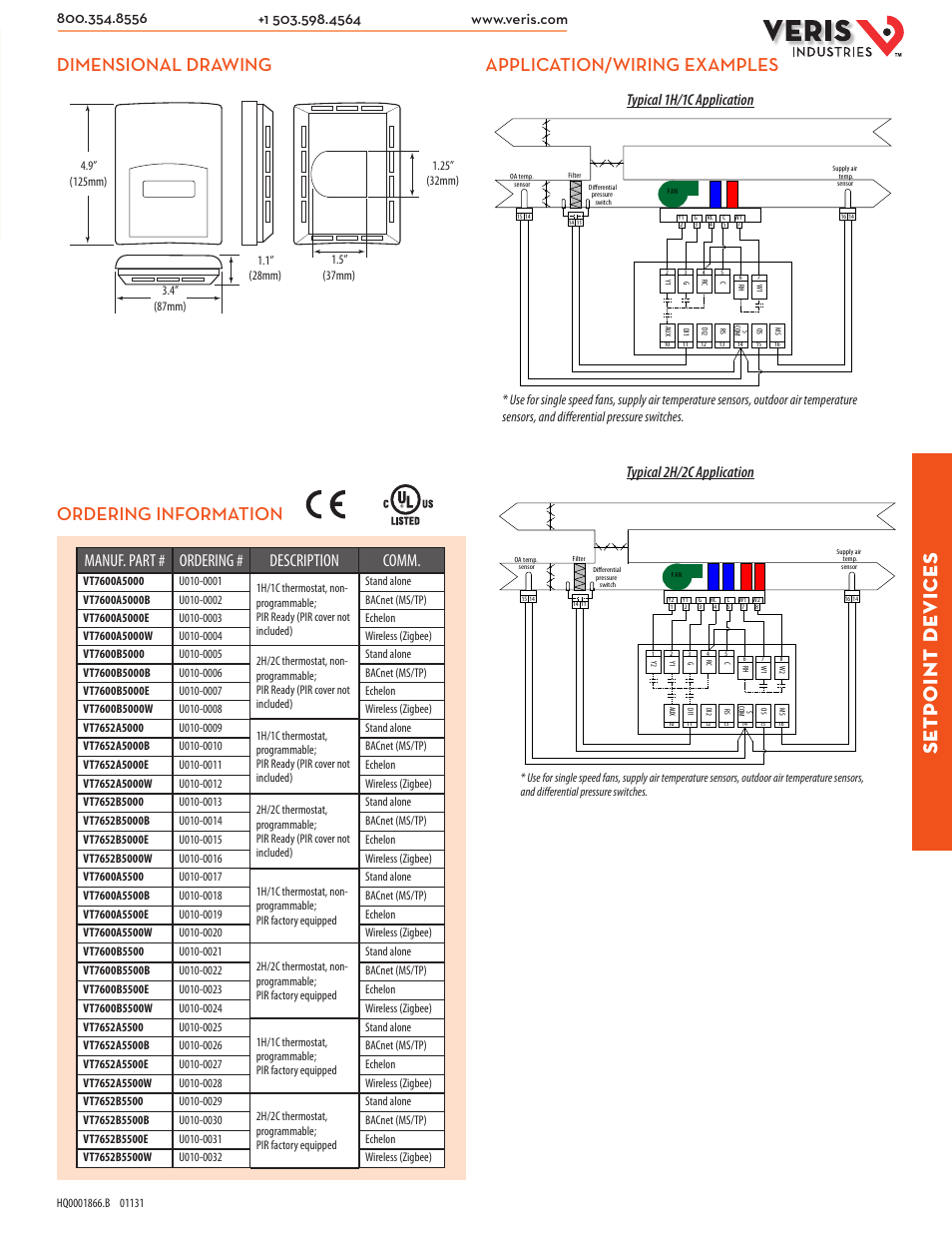 Setp oint de vices, Dimensional drawing, Application/wiring examples | Ordering information, Manuf. part # ordering # description comm | Veris Industries VT76xxB SERIES Datasheet User Manual | Page 2 / 2