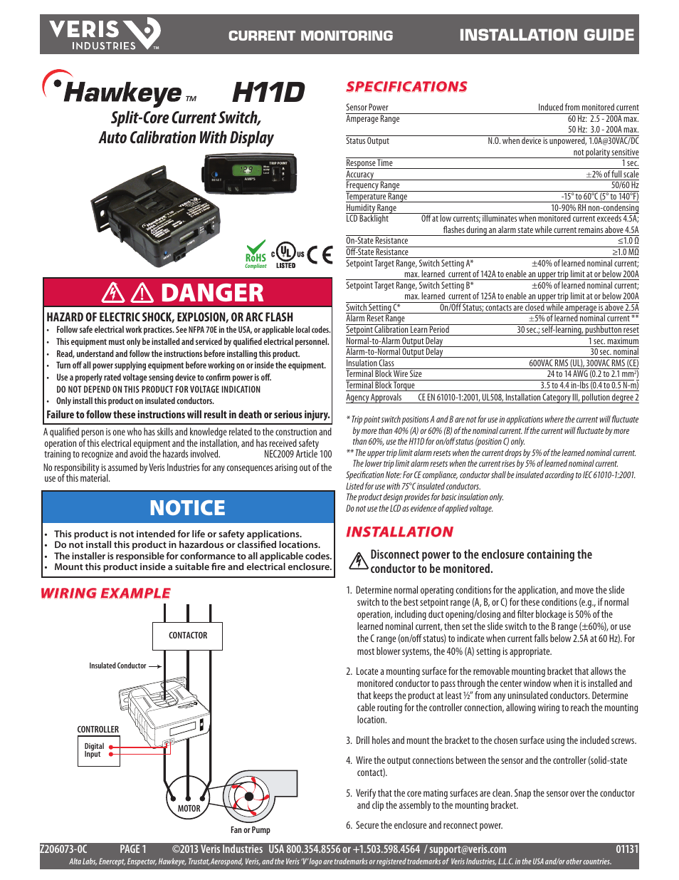 Veris Industries H11D Install User Manual | 3 pages