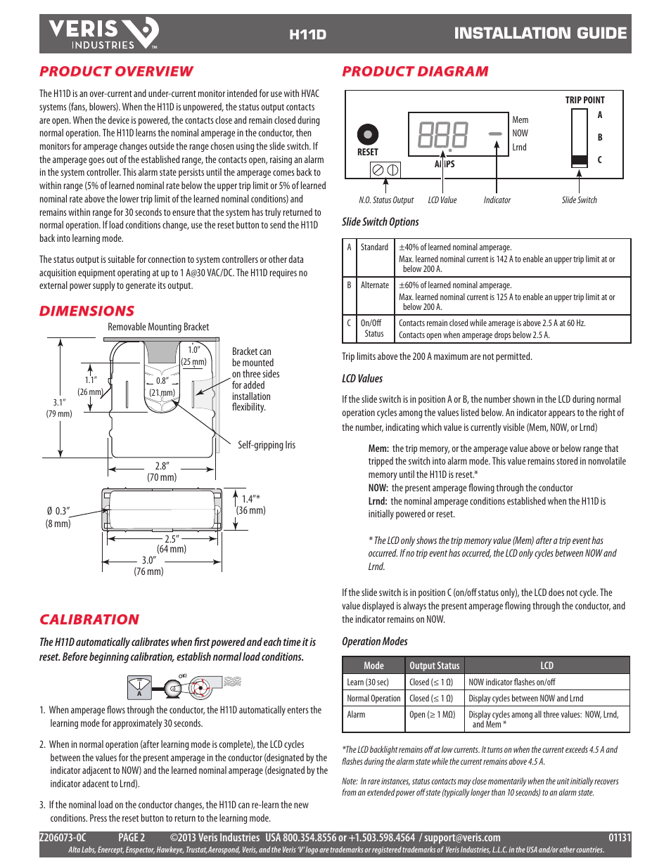 Installation guide, Product overview, Calibration | Dimensions, Product diagram | Veris Industries H11D Install User Manual | Page 2 / 3