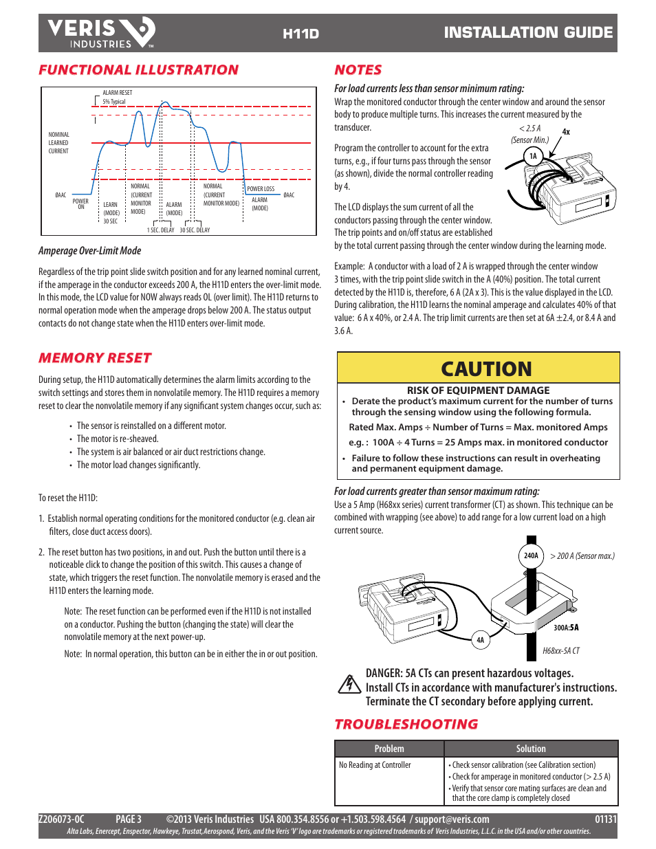 Caution, Installation guide, Functional illustration | Troubleshooting, H11d | Veris Industries H11D Install User Manual | Page 3 / 3