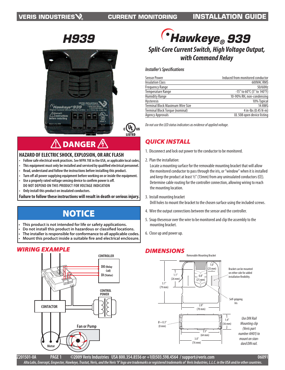 Veris Industries H939 Install User Manual | 2 pages