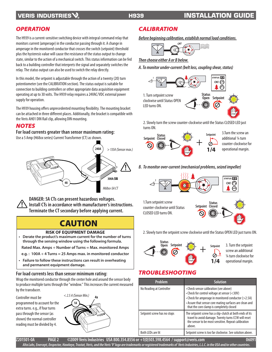 Caution, Installation guide, Operation | Calibration, H939, For load currents less than sensor minimum rating | Veris Industries H939 Install User Manual | Page 2 / 2