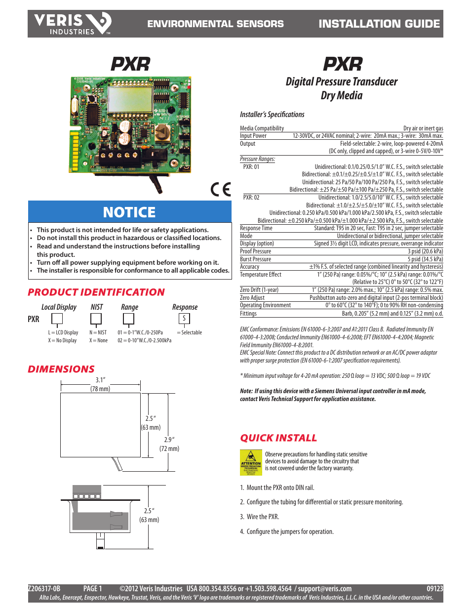 Veris Industries PXR SERIES Install User Manual | 3 pages