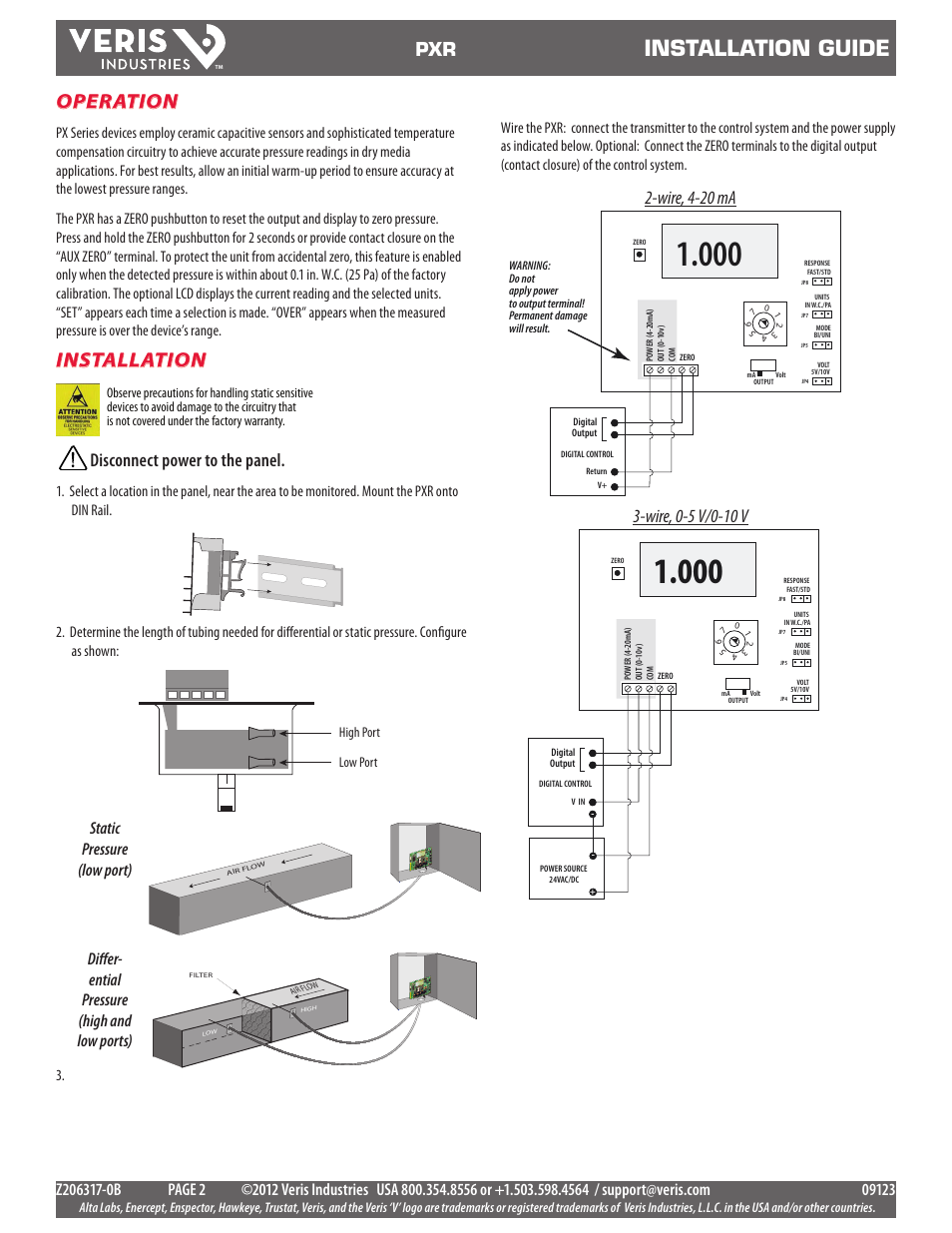 Installation guide, Operation, Installation | Disconnect power to the panel, Wire, 4-20 ma, Static pressure (low port), Differ- ential pressure (high and low ports) | Veris Industries PXR SERIES Install User Manual | Page 2 / 3