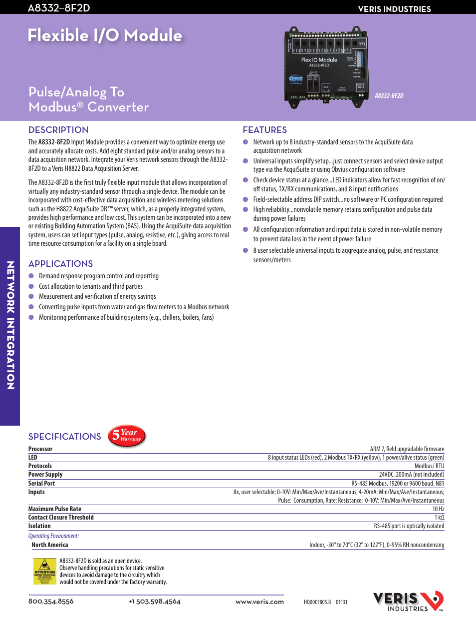 Veris Industries A8332–8F2D Datasheet User Manual | 2 pages