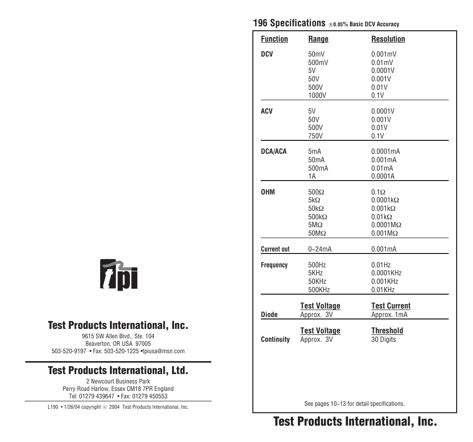 Test products international, inc, Test products international, ltd, 196 specifications | Veris Industries 196 Manual User Manual | Page 23 / 23