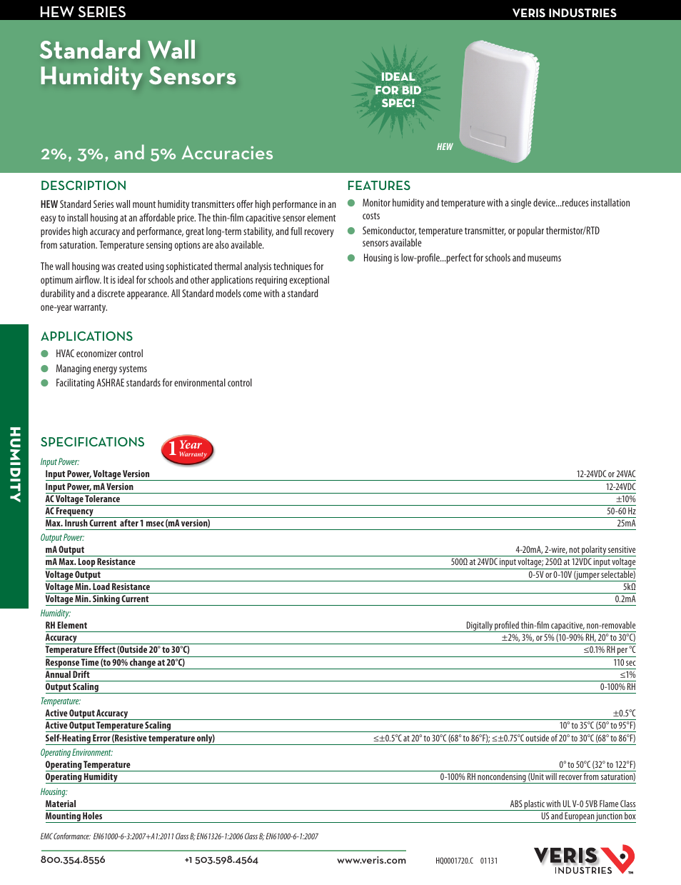 Veris Industries HEW SEriES Datasheet User Manual | 2 pages