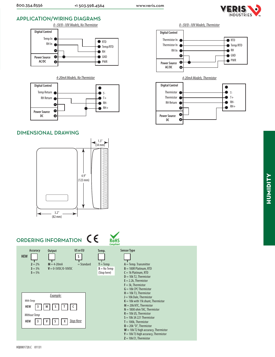 Hu midit y, Application/wiring diagrams dimensional drawing, Ordering information | Rohs | Veris Industries HEW SEriES Datasheet User Manual | Page 2 / 2