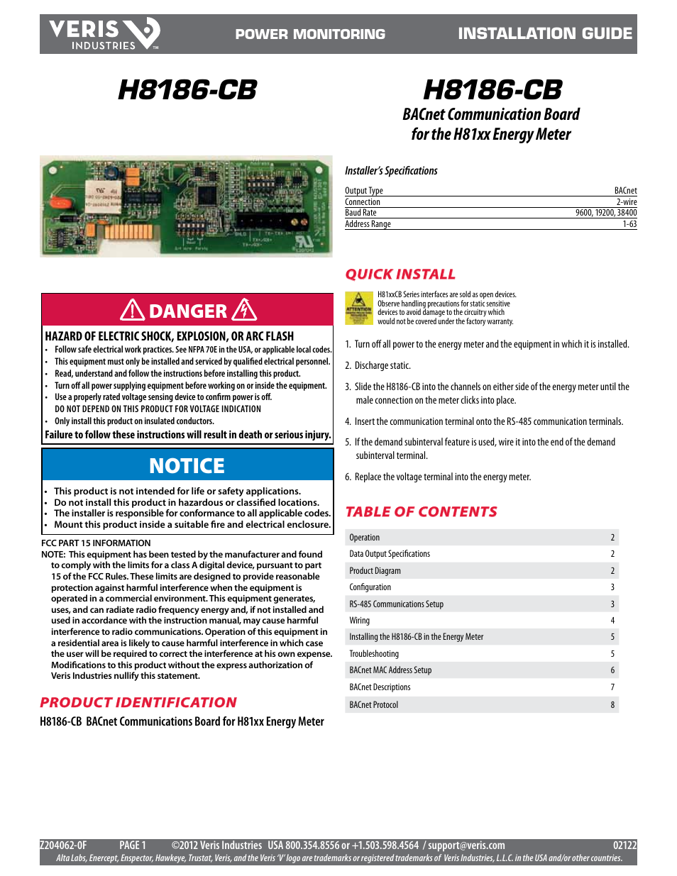 Veris Industries H8186-CB Install User Manual | 8 pages