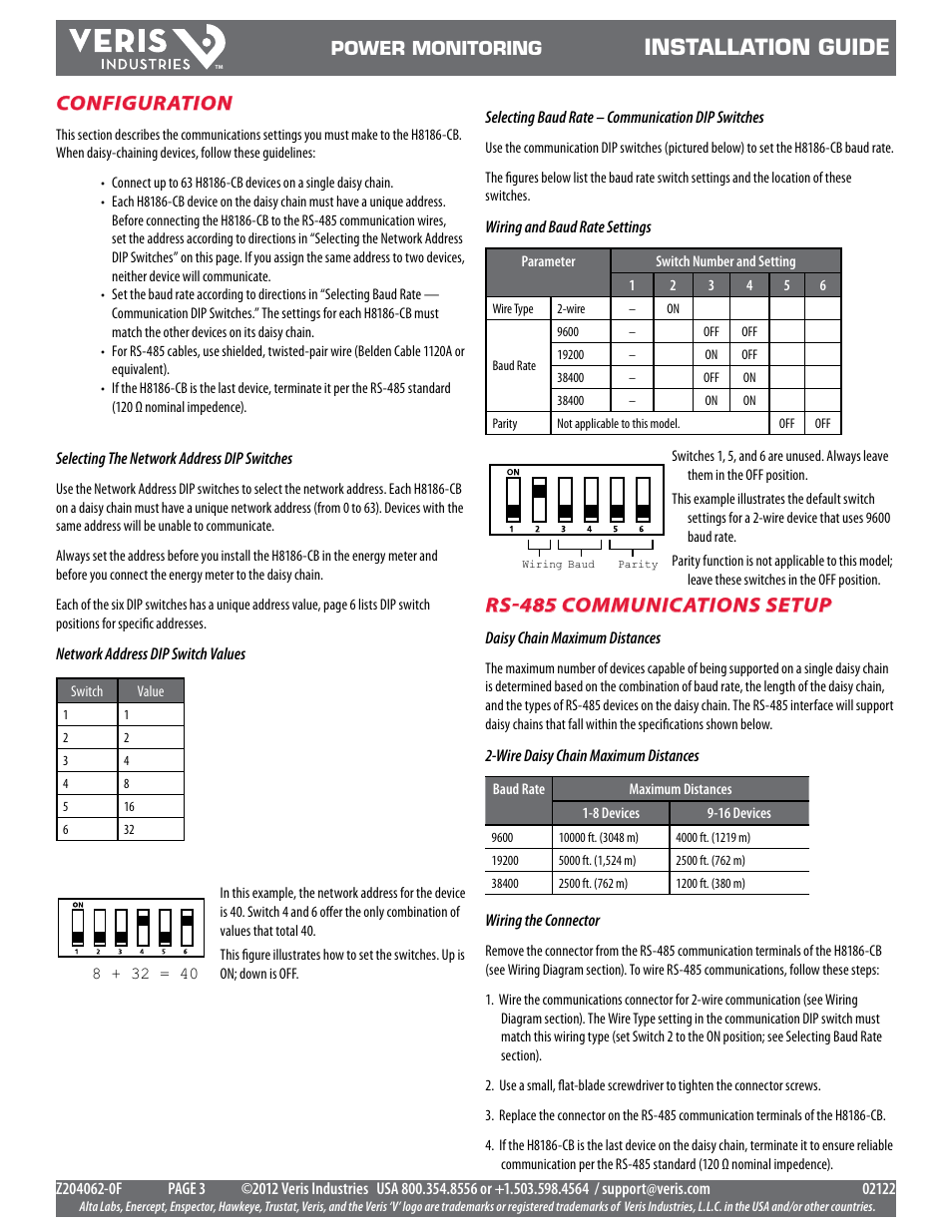 Installation guide, Configuration, Rs-485 communications setup | Veris Industries H8186-CB Install User Manual | Page 3 / 8