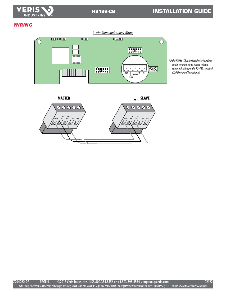 Installation guide, Wiring, H8186-cb | Master slave 2-wire communications wiring | Veris Industries H8186-CB Install User Manual | Page 4 / 8