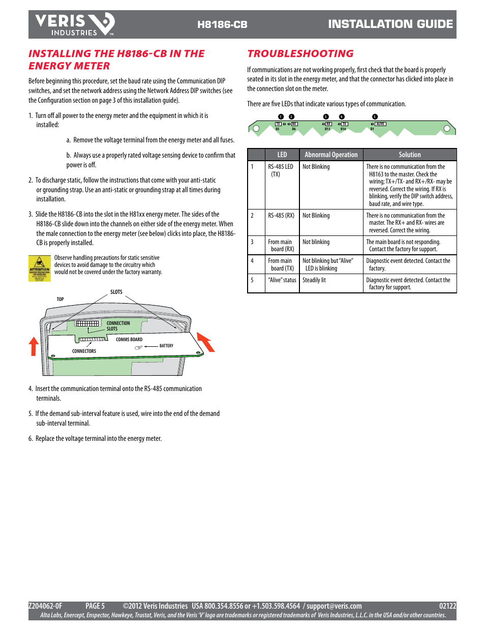 Installation guide, Installing the h8186-cb in the energy meter, Troubleshooting | H8186-cb | Veris Industries H8186-CB Install User Manual | Page 5 / 8