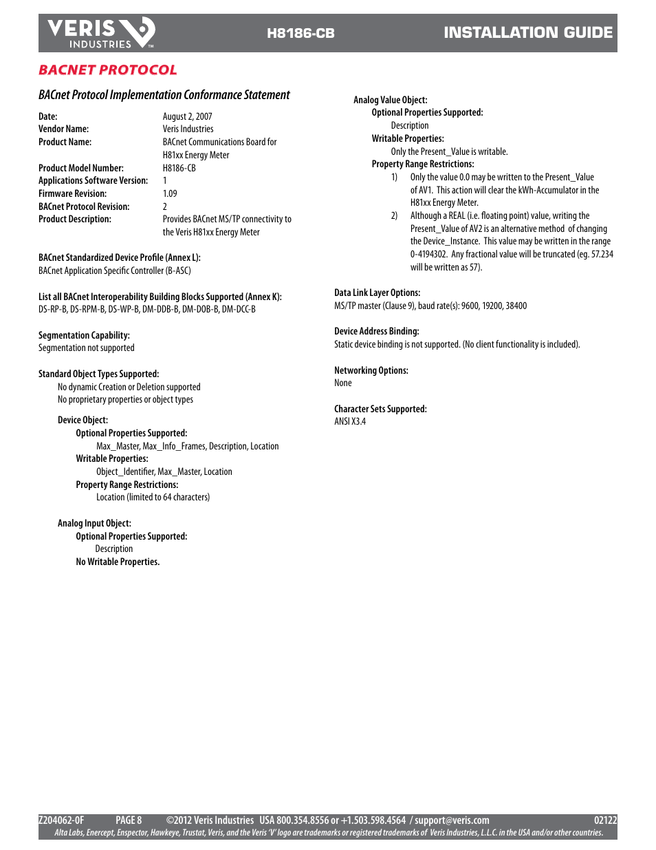 Installation guide | Veris Industries H8186-CB Install User Manual | Page 8 / 8