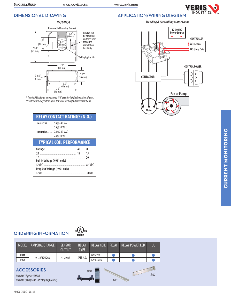 Typical coil performance, Relay contact ratings (n.o.), Current monit oring | Application/wiring diagram, Dimensional drawing ordering information, Accessories | Veris Industries H931 Datasheet User Manual | Page 2 / 2