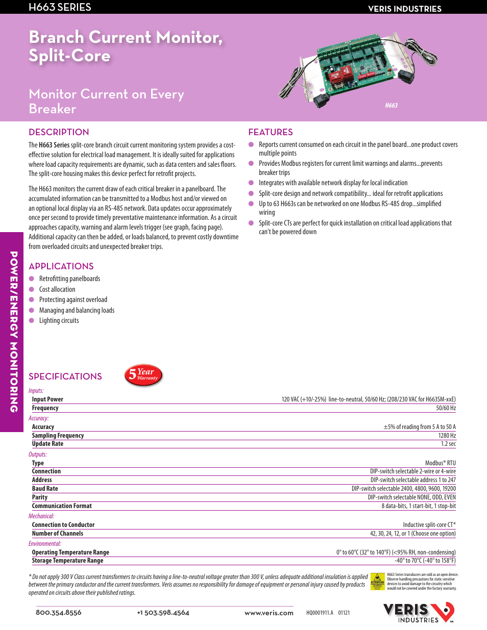 Veris Industries H663 SERIES Datasheet User Manual | 2 pages