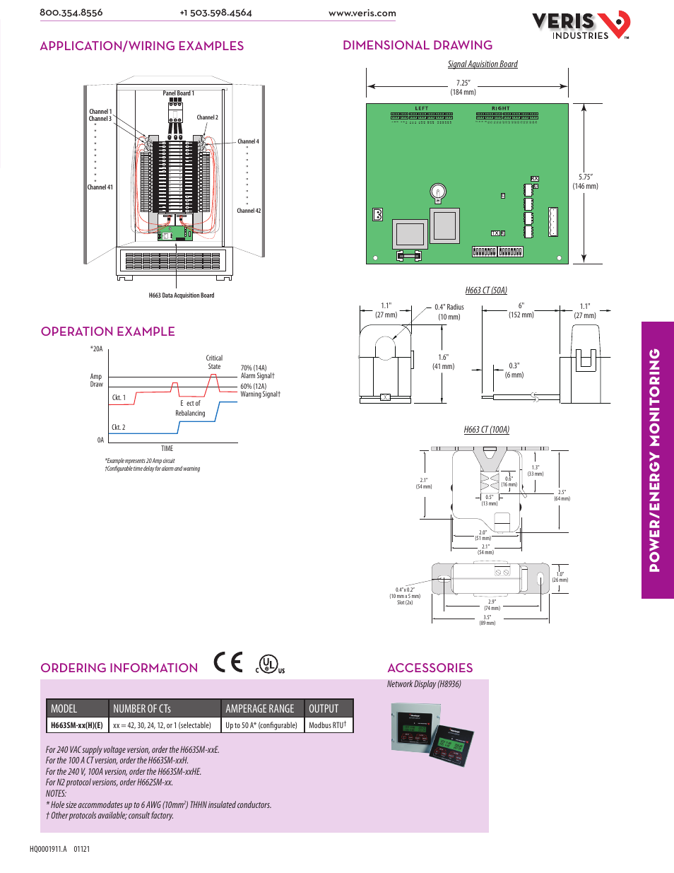 Po wer/ener g y monit oring, Ordering information, Operation example | Model number of cts amperage range output | Veris Industries H663 SERIES Datasheet User Manual | Page 2 / 2
