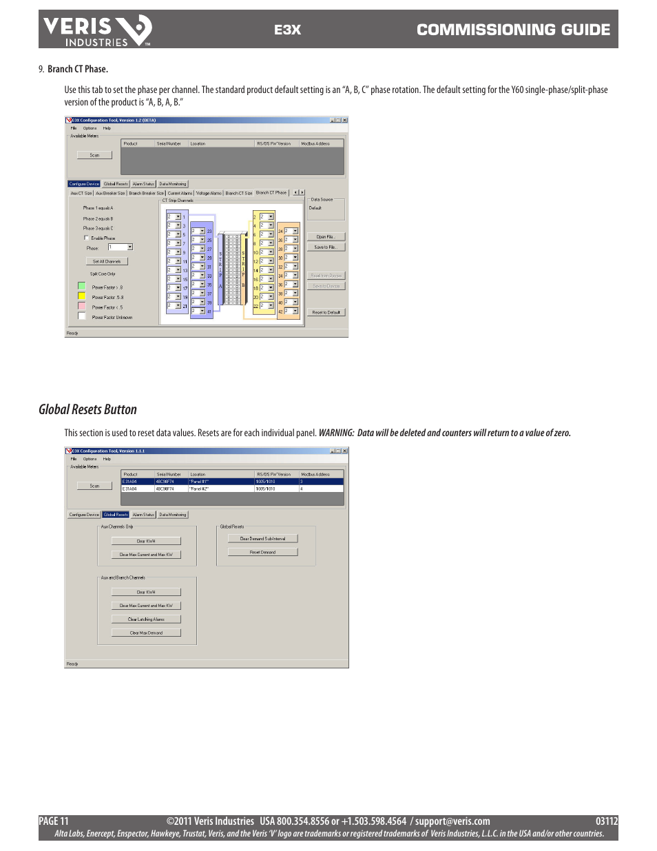 Commissioning guide, Global resets button | Veris Industries E3X Commissioning Guide User Manual | Page 11 / 18