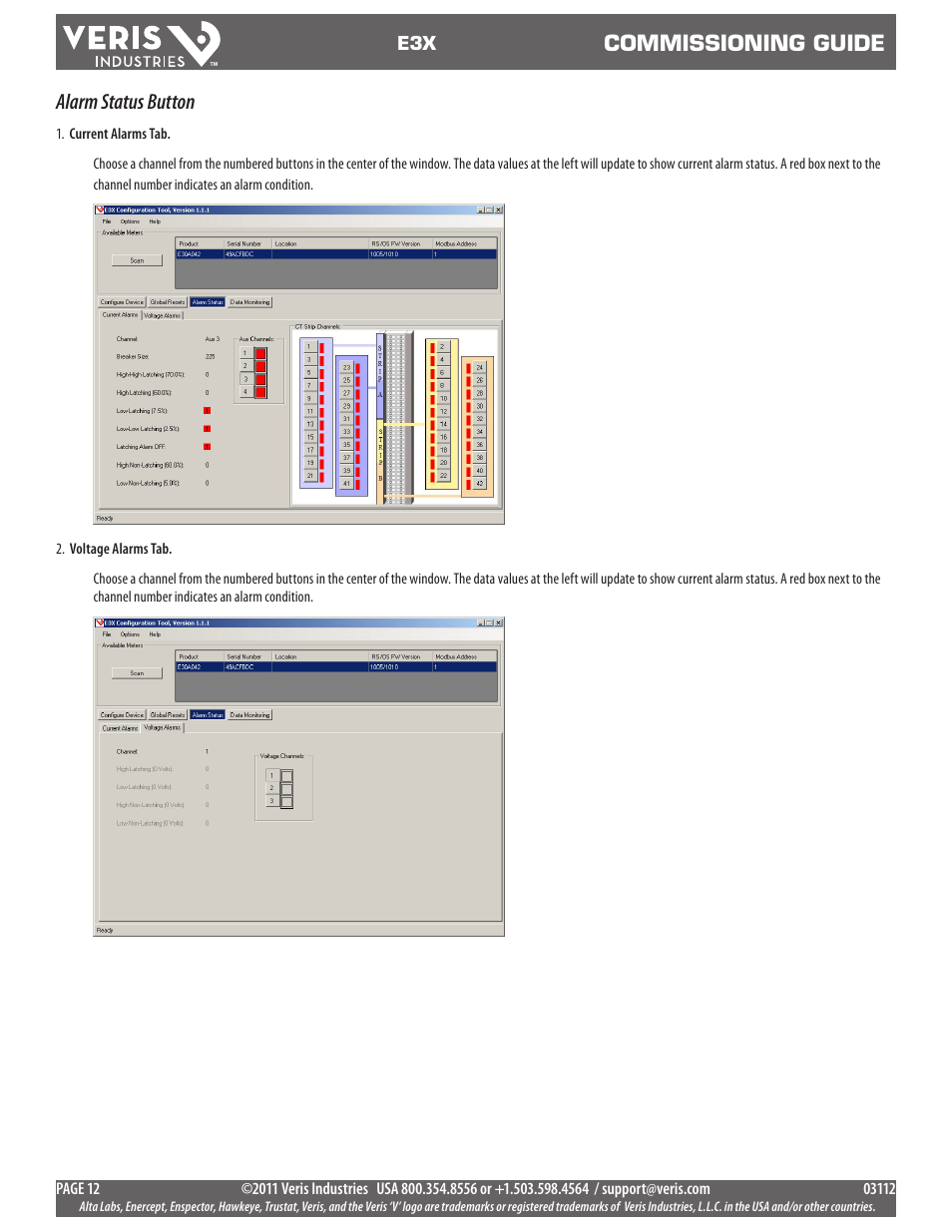 Commissioning guide, Alarm status button | Veris Industries E3X Commissioning Guide User Manual | Page 12 / 18