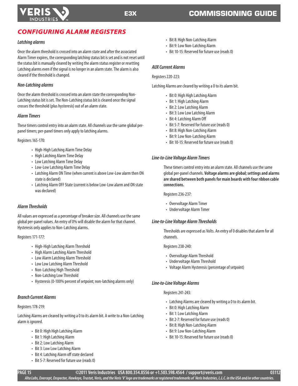 Commissioning guide, Configuring alarm registers | Veris Industries E3X Commissioning Guide User Manual | Page 15 / 18