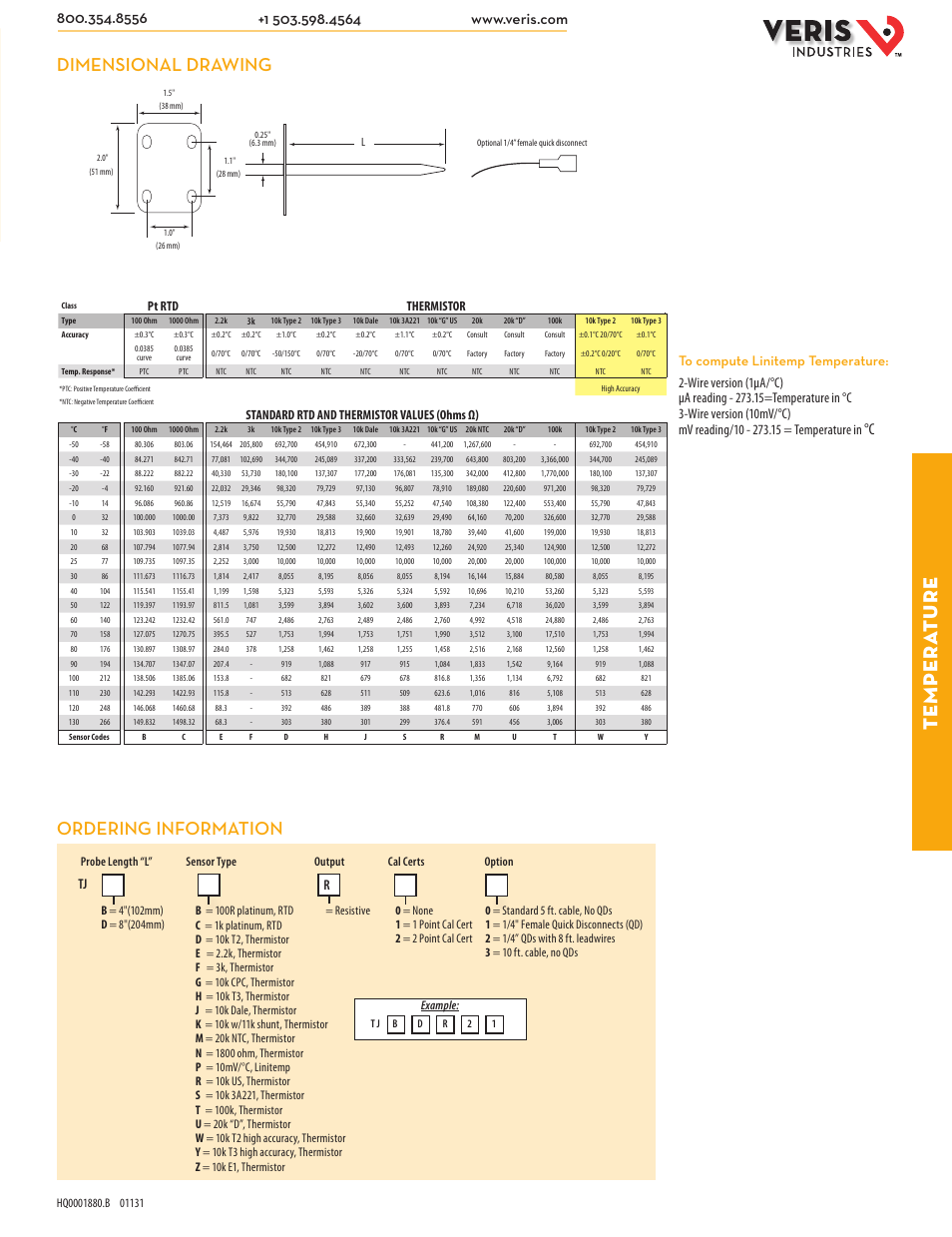Table of standard rtd and thermistor values, Te mpera ture, Dimensional drawing | Ordering information | Veris Industries TJ SERIES Datasheet User Manual | Page 2 / 2