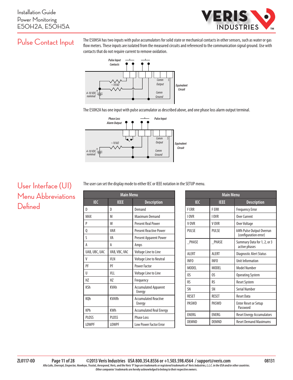 Pulse contact input, User interface (ui) menu abbreviations defined | Veris Industries E50H5A Install User Manual | Page 11 / 28
