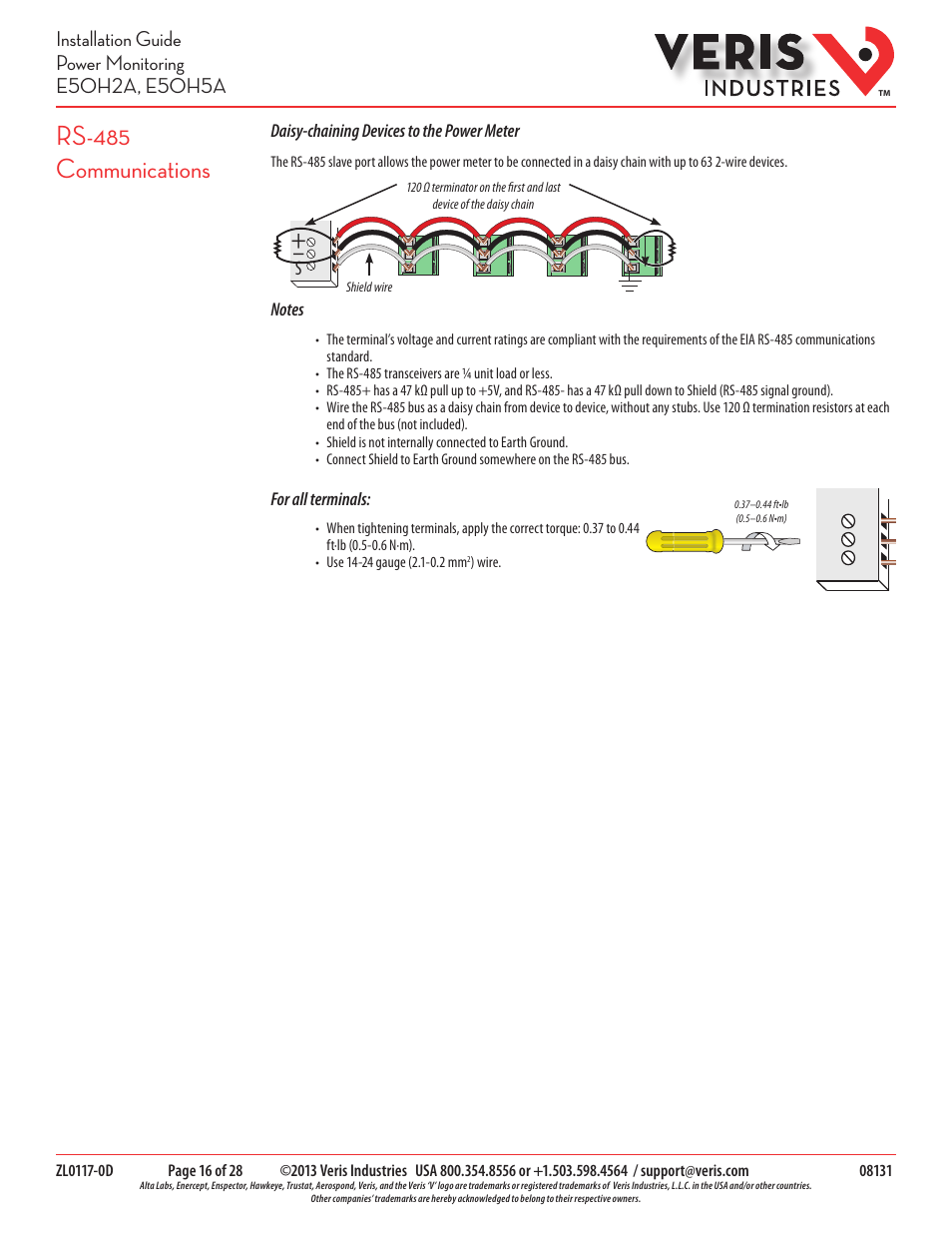 Rs-485 communications | Veris Industries E50H5A Install User Manual | Page 16 / 28