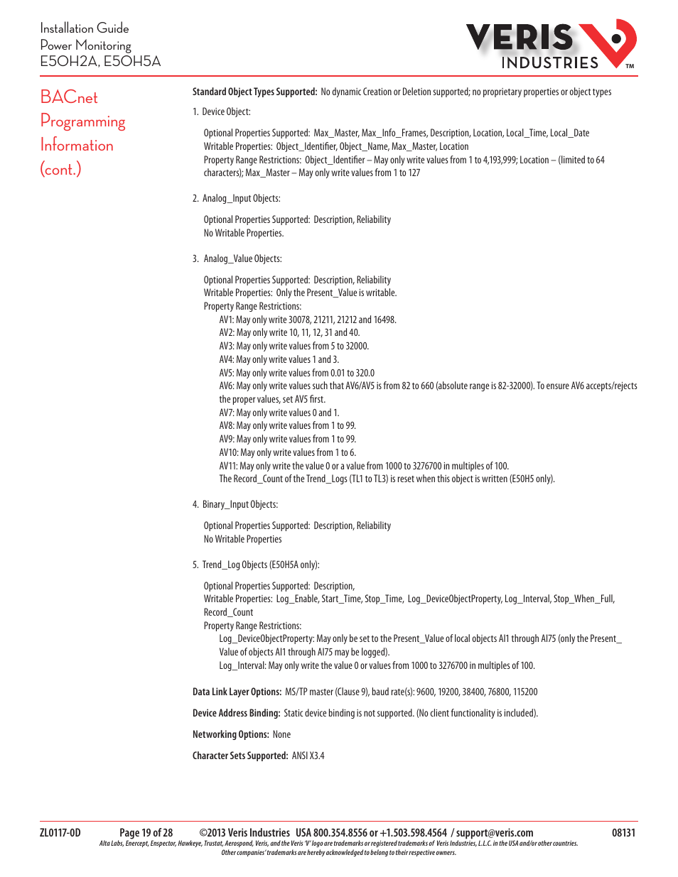 Bacnet programming information (cont.) | Veris Industries E50H5A Install User Manual | Page 19 / 28