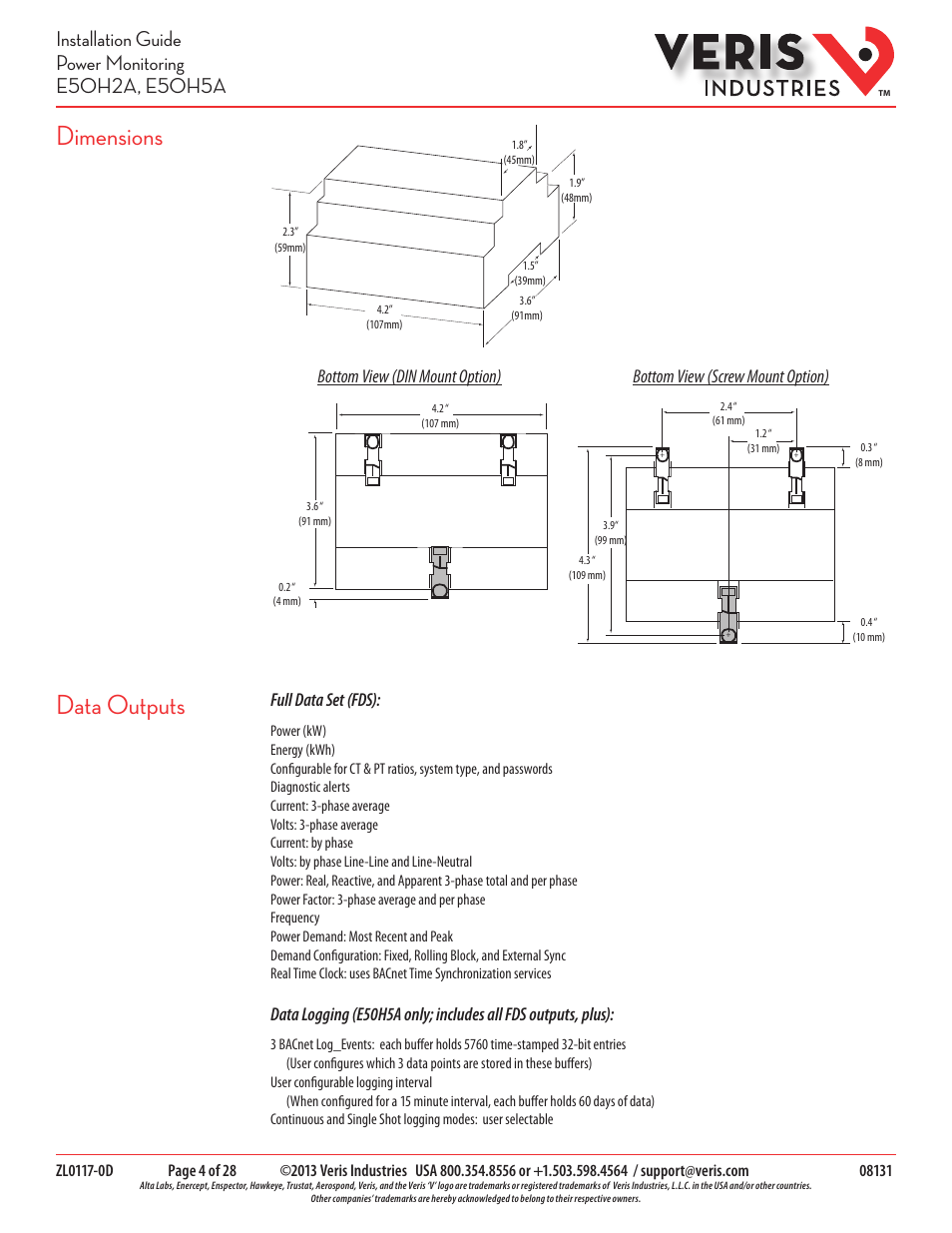 Dimensions, Data outputs | Veris Industries E50H5A Install User Manual | Page 4 / 28