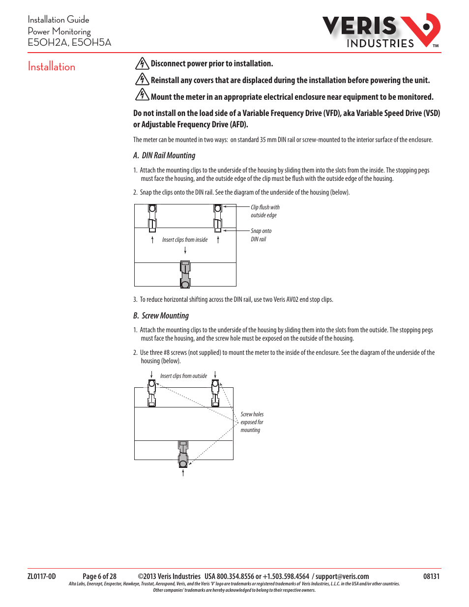 Installation | Veris Industries E50H5A Install User Manual | Page 6 / 28