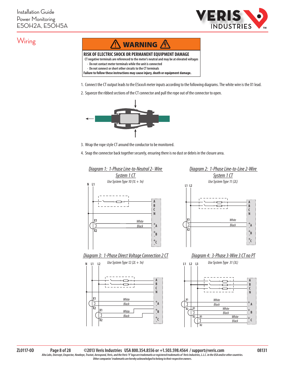 Wiring, Warning, Diagram 3: 1-phase direct voltage connection 2 ct | Diagram 4: 3-phase 3-wire 3 ct no pt | Veris Industries E50H5A Install User Manual | Page 8 / 28